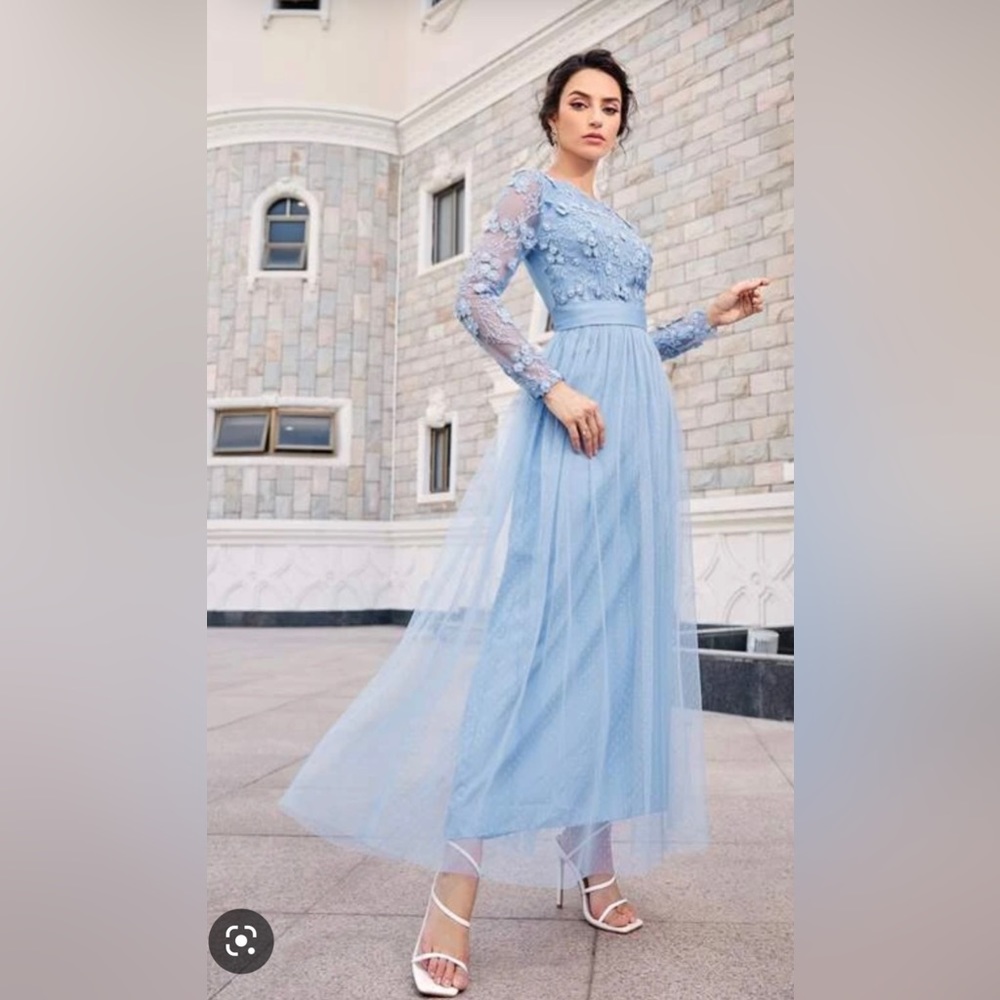 SHEIN Sz S Blue Lace, Floral, Tulle and Pearl Bridesmaid/Prom Dress 💙